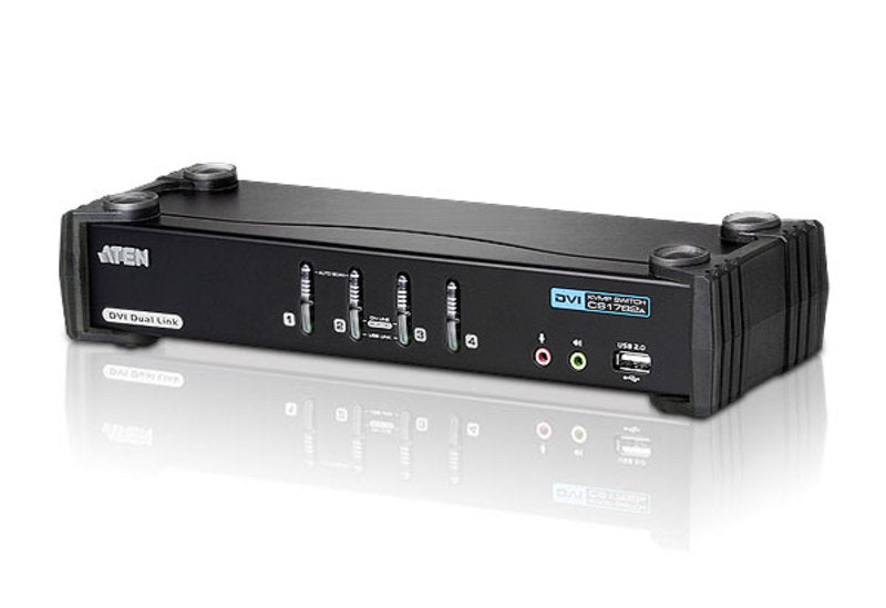Aten Desktop KVMP Switch 4 Port Single Display DVI w/ 7.1 audio, 4x Custom KVM Cables Included, 2x USB Port, Selection Via Front Panel Aten Desktop KVMP Switch 4 Port Single Display DVI w/ 7.1 audio, 4x Custom KVM Cables Included, 2x USB Port, Selection Via Front Panel